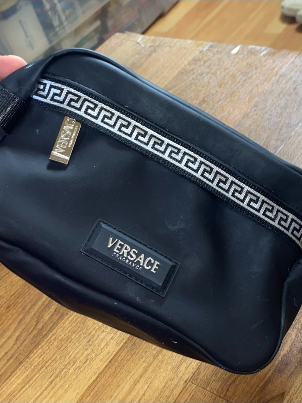 Versace Parfums Black Greek Key Toiletry Travel Cosmetic Bag Pouch